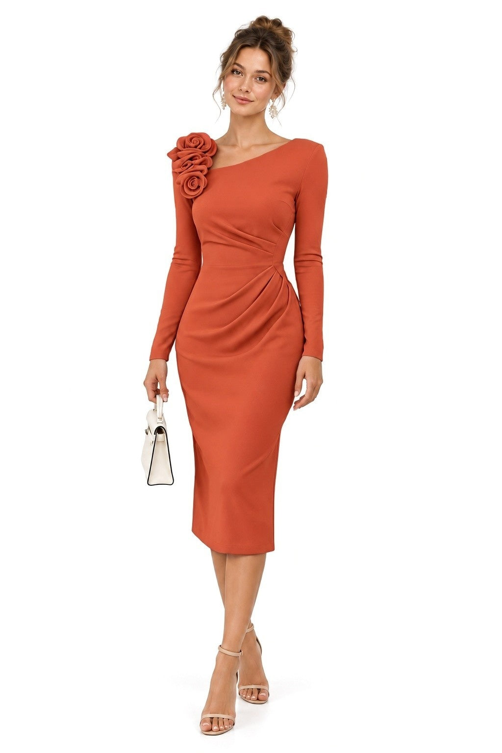 Sheath-Column Tea Length Elastic Cloth Wedding Guest Dress CG0392 - Coral - COCOMELODY