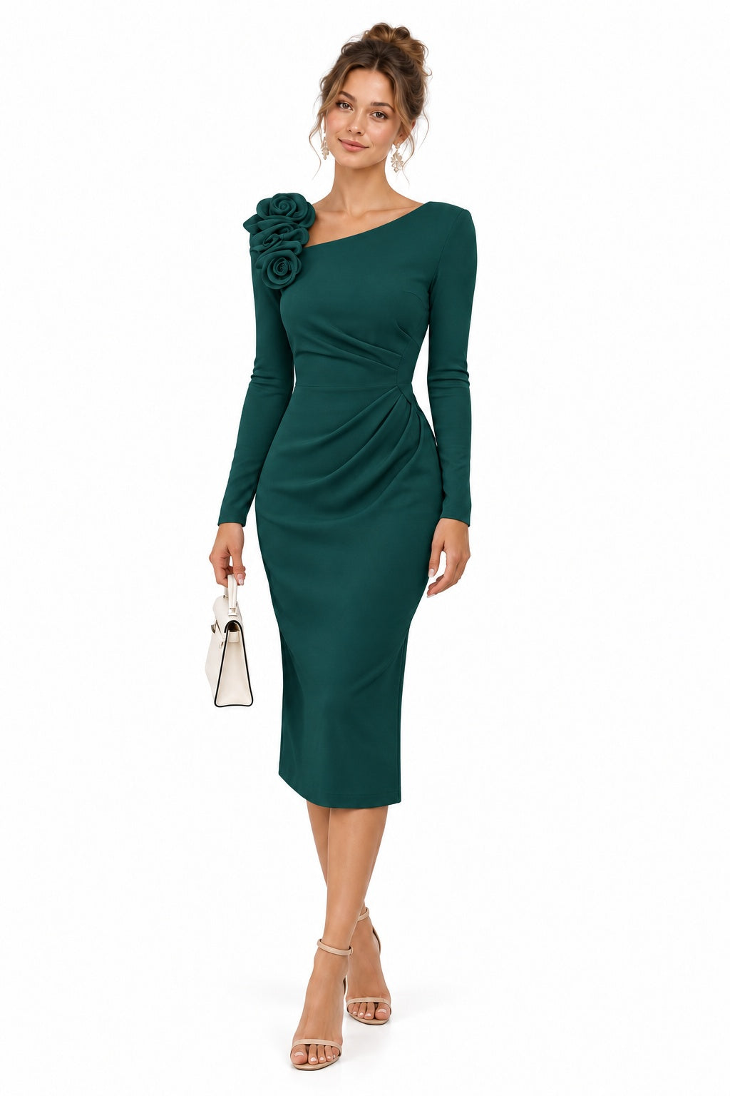 Sheath-Column Tea Length Elastic Cloth Wedding Guest Dress CG0392 - Hunter Green - COCOMELODY