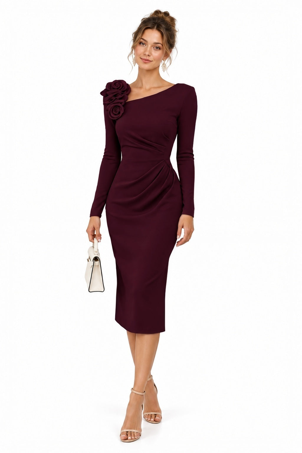 Sheath-Column Tea Length Elastic Cloth Wedding Guest Dress CG0392 - Mulberry - COCOMELODY