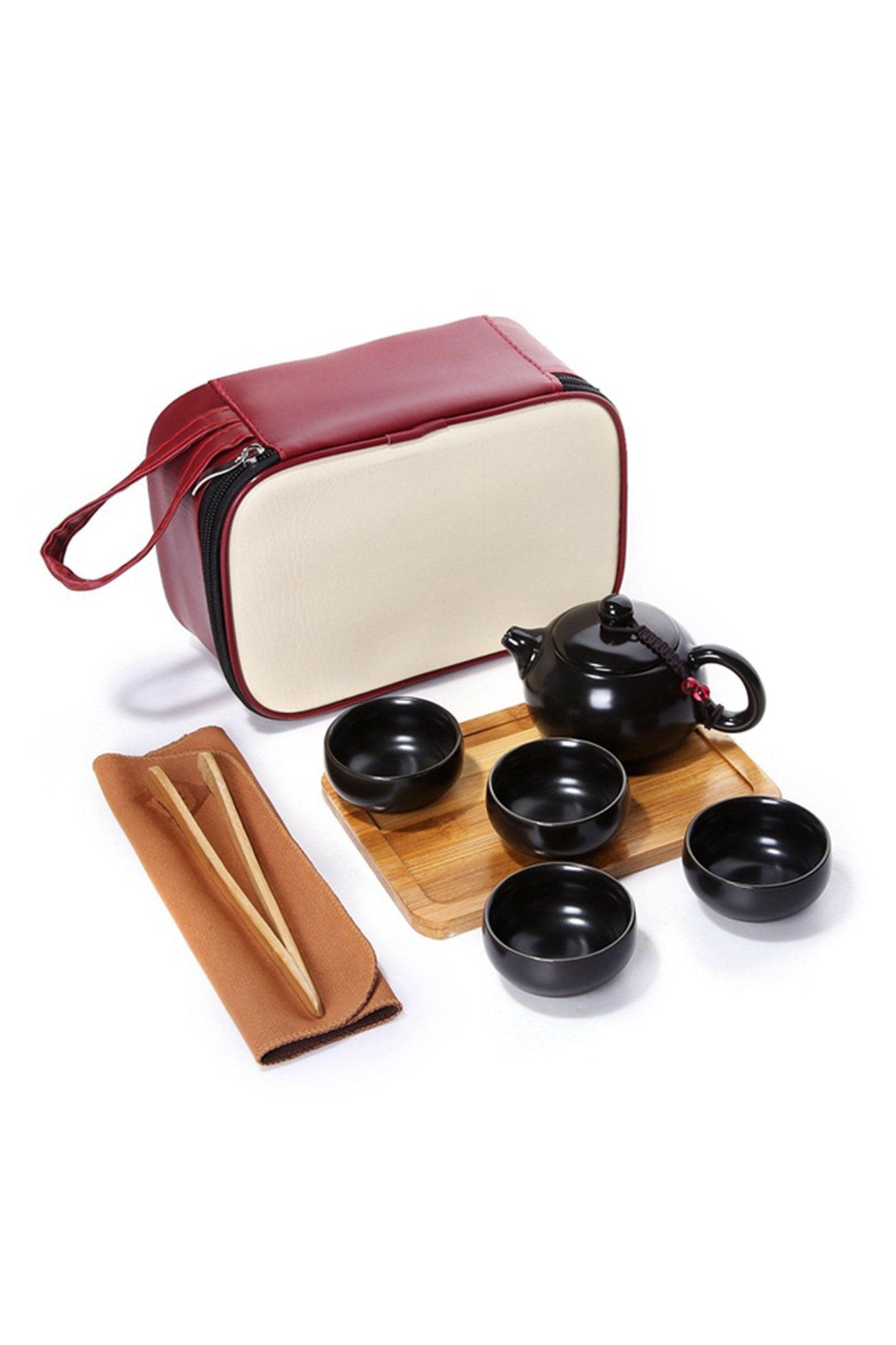 Oriental Ceramic Kung Fu Tea Gift Set With Wooden Tea Tray and Zippered Travel Bag CGF0202 (Set of 1 pcs)