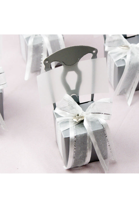 Miniature Silver Chair Favor Box with Heart Charm and Ribbon CGF0256 (Set of 12 pcs)