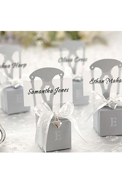 Miniature Silver Chair Favor Box with Heart Charm and Ribbon CGF0256 (Set of 12 pcs)