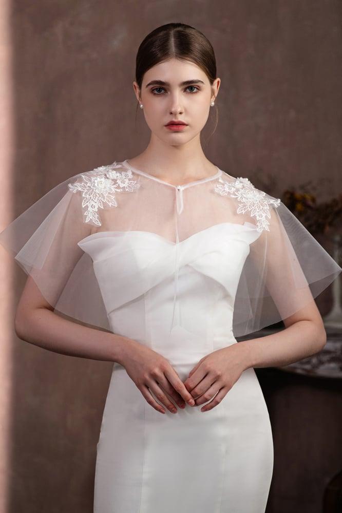 Tulle Shawl with Appliques Lace Beading CJ0115 - COCOMELODY