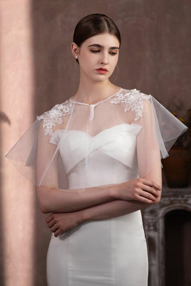 Tulle Shawl with Appliques Lace Beading CJ0115 - COCOMELODY