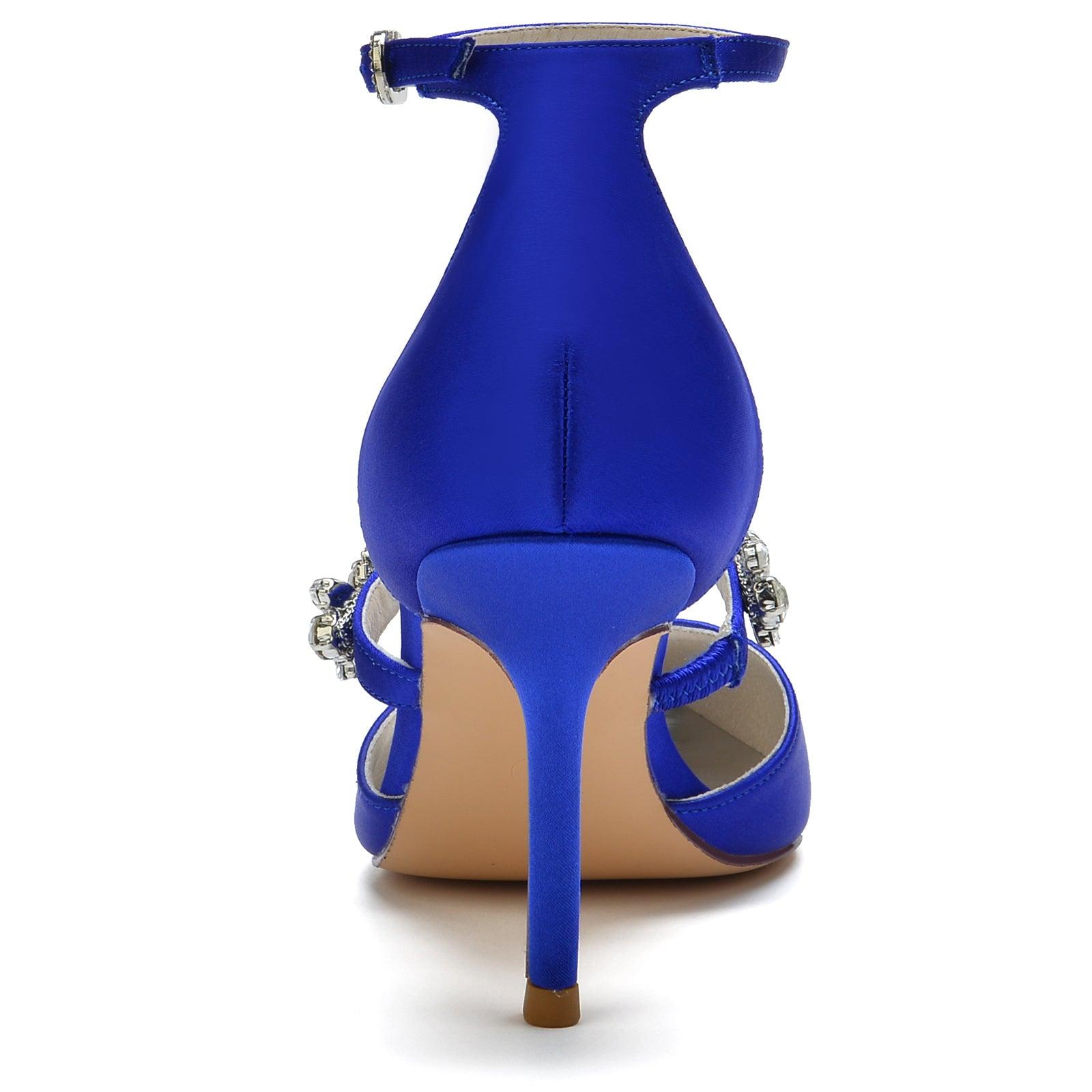 Blue Rhinestone Ankle Strap Pointy Stiletto Heels CK0131 - COCOMELODY