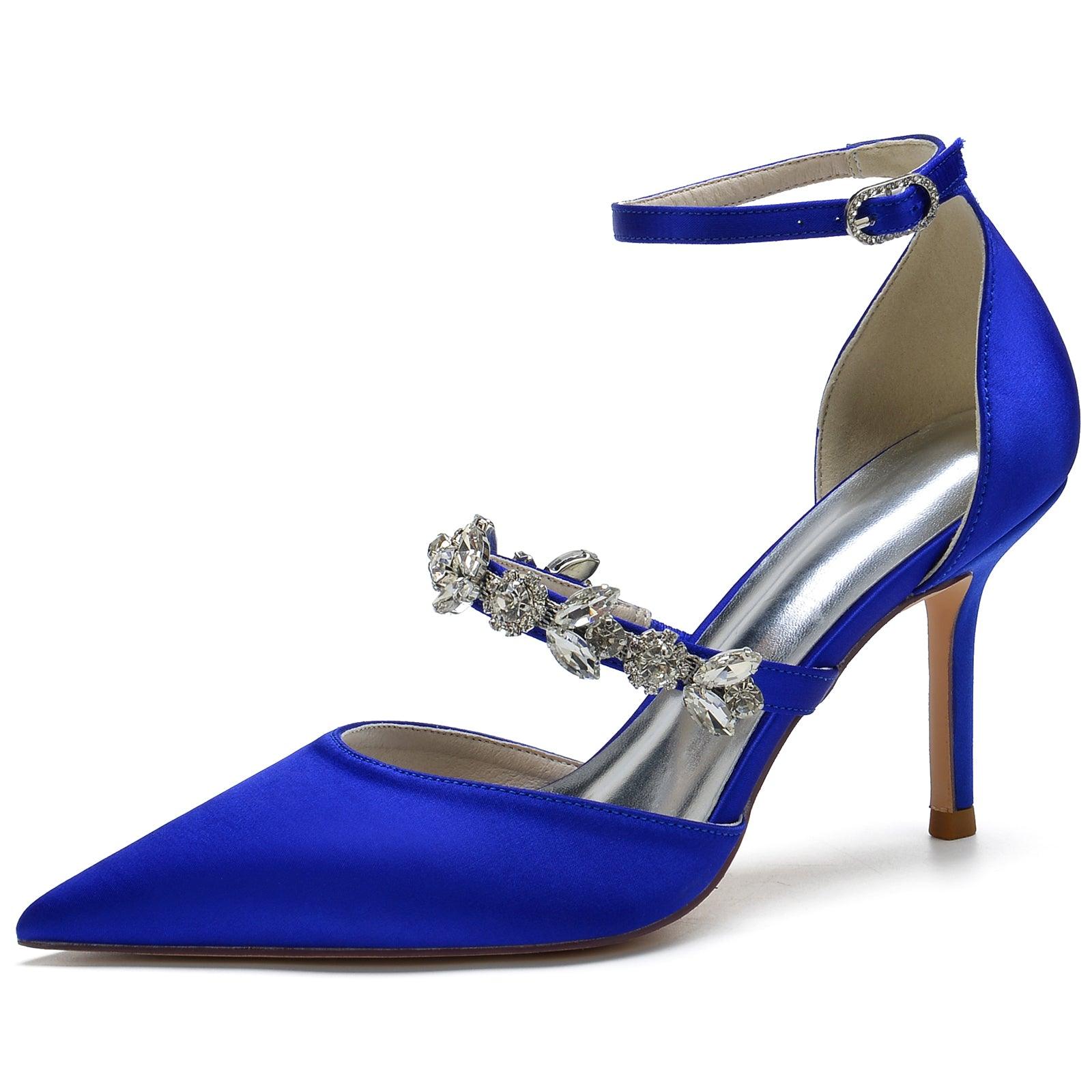 Blue Rhinestone Ankle Strap Pointy Stiletto Heels CK0131 - COCOMELODY