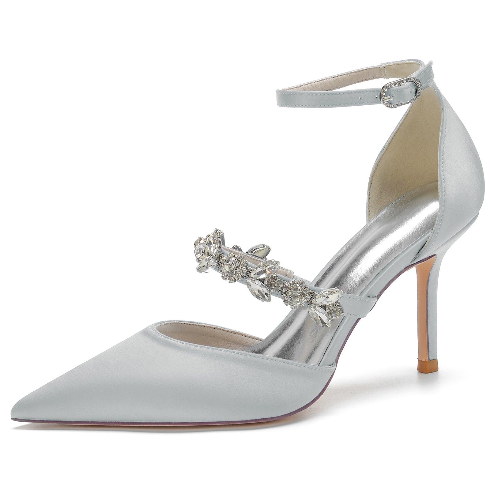 Blue Rhinestone Ankle Strap Pointy Stiletto Heels CK0131 - COCOMELODY