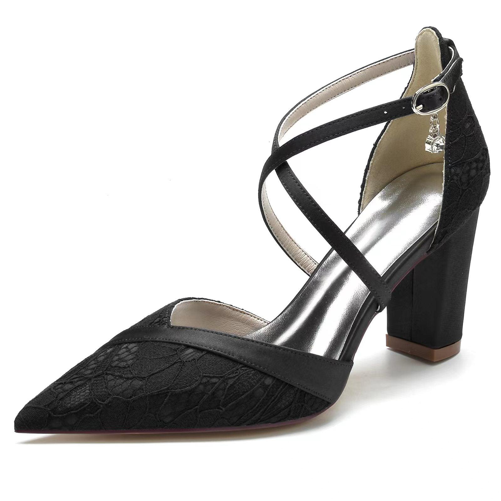 Chunky Heel 8.5cm Silk-Like Lace Shoes CK0191 - COCOMELODY