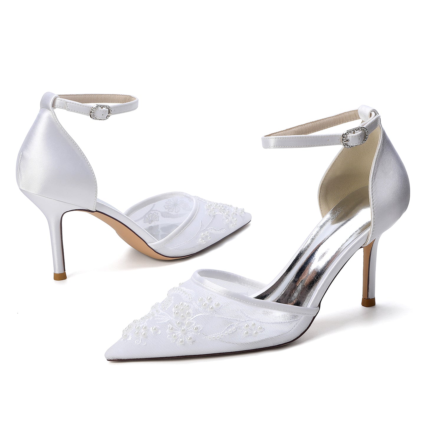 Stiletto Heel 8.5cm Lace Silk-Like Pearl Embroidered Mesh Shoes CK0489