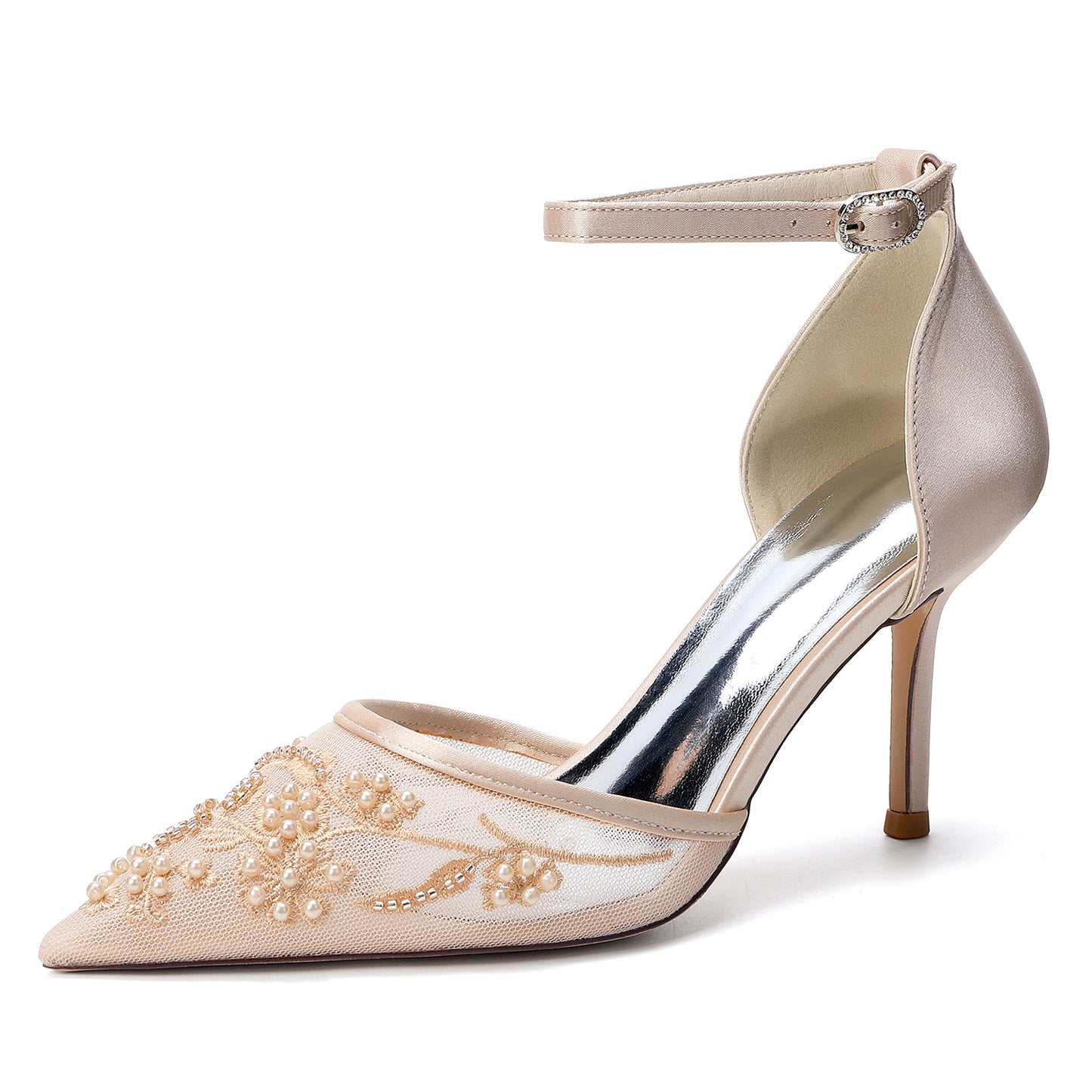 Stiletto Heel 8.5cm Lace Silk-Like Pearl Embroidered Mesh Shoes CK0489