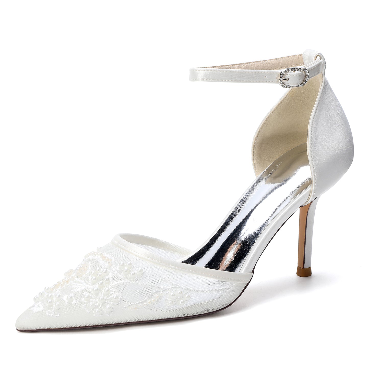 Stiletto Heel 8.5cm Lace Silk-Like Pearl Embroidered Mesh Shoes CK0489