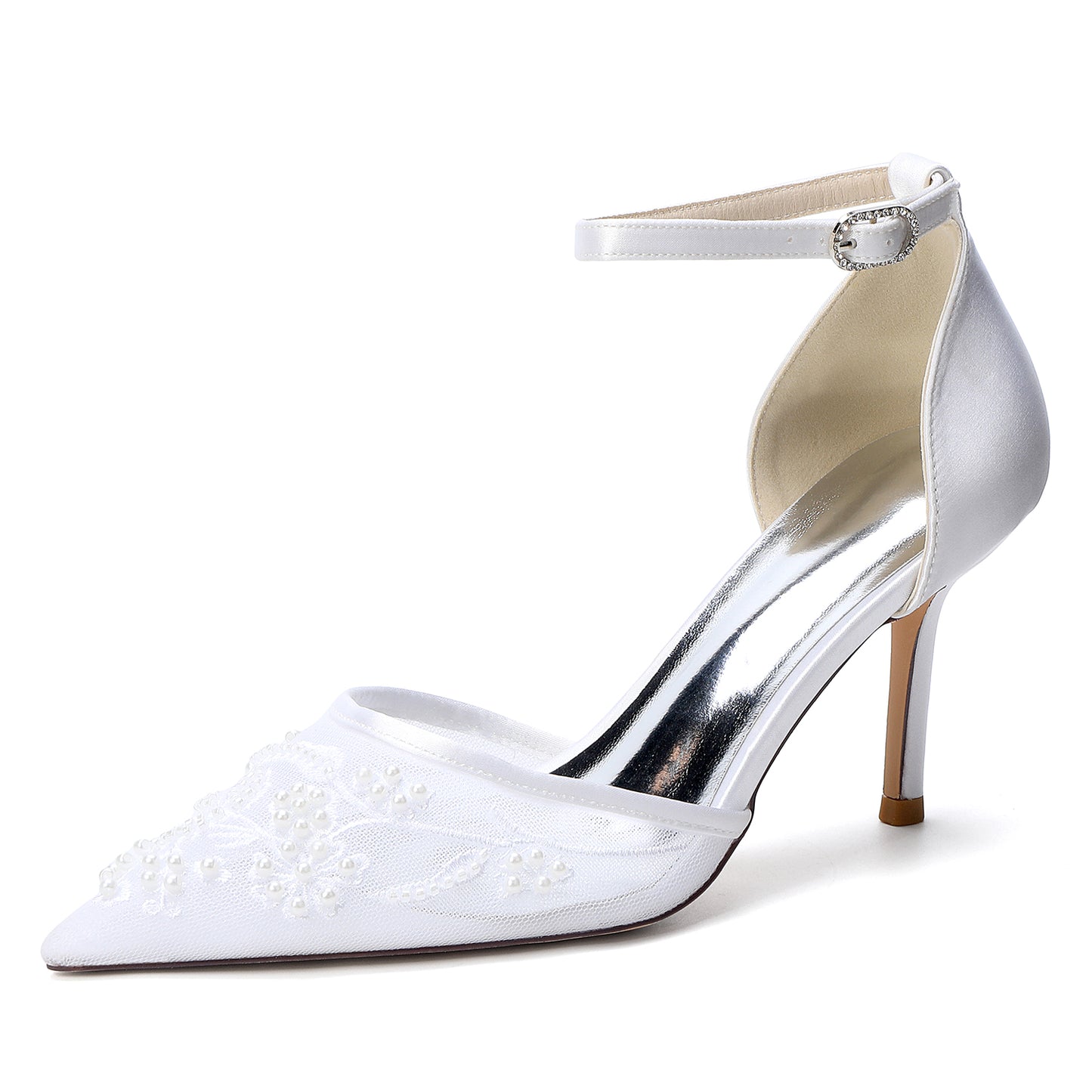 Stiletto Heel 8.5cm Lace Silk-Like Pearl Embroidered Mesh Shoes CK0489
