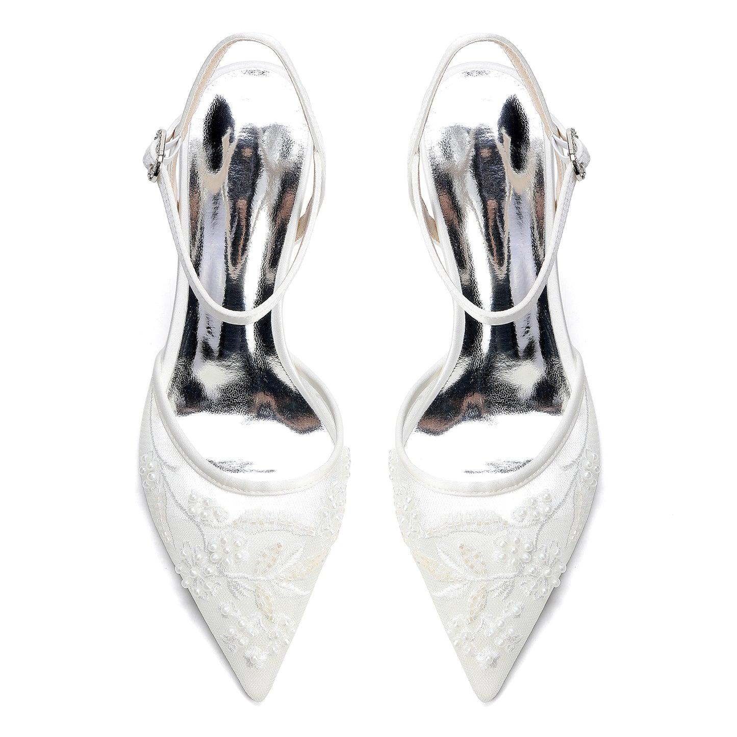 Block Heel 4.5cm Lace Silk-Like Pearl Embroidered Mesh Shoes CK0490