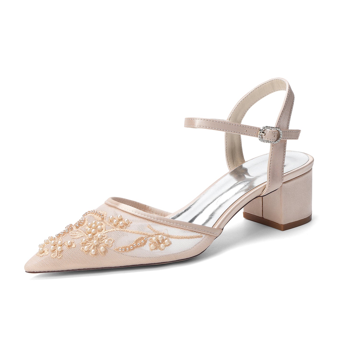 Block Heel 4.5cm Lace Silk-Like Pearl Embroidered Mesh Shoes CK0490