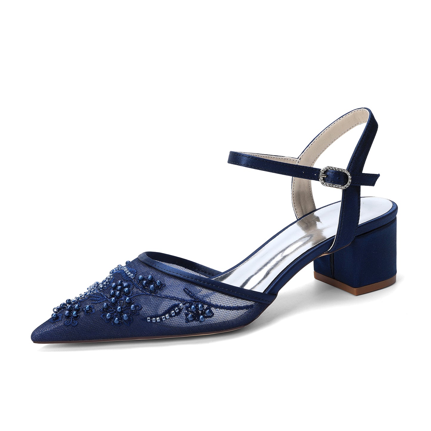 Block Heel 4.5cm Lace Silk-Like Pearl Embroidered Mesh Shoes CK0490