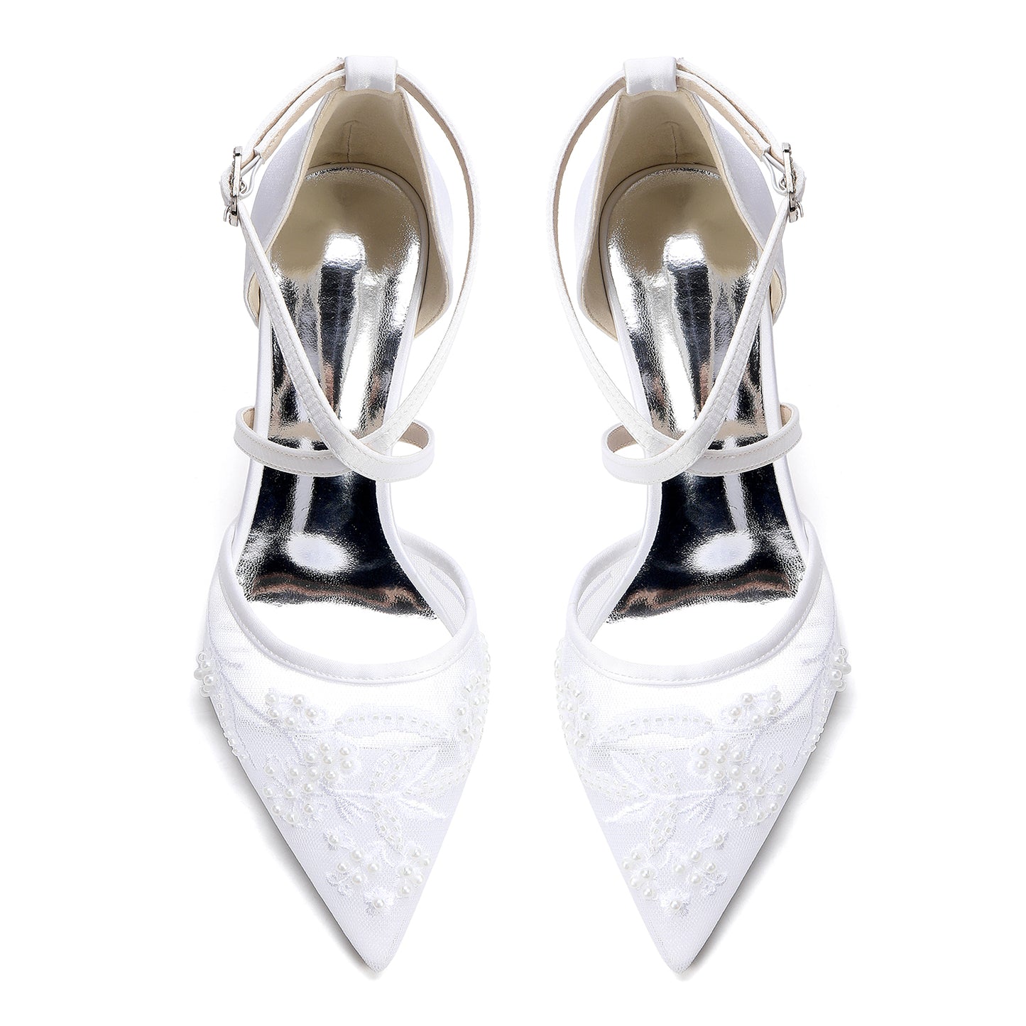 Block Heel 4.5cm Lace Silk-Like Pearl Embroidered Mesh Shoes CK0491