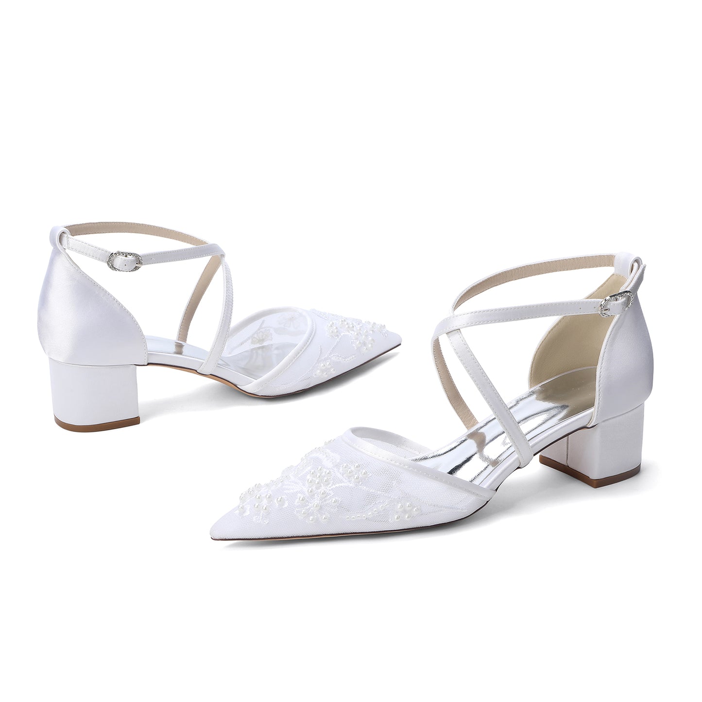 Block Heel 4.5cm Lace Silk-Like Pearl Embroidered Mesh Shoes CK0491