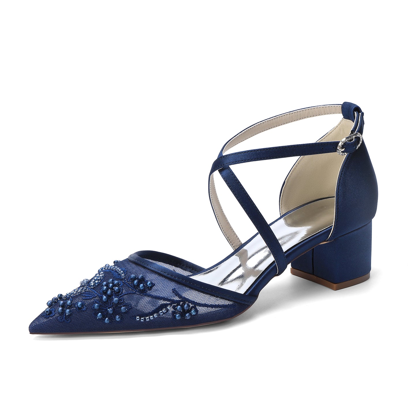 Block Heel 4.5cm Lace Silk-Like Pearl Embroidered Mesh Shoes CK0491