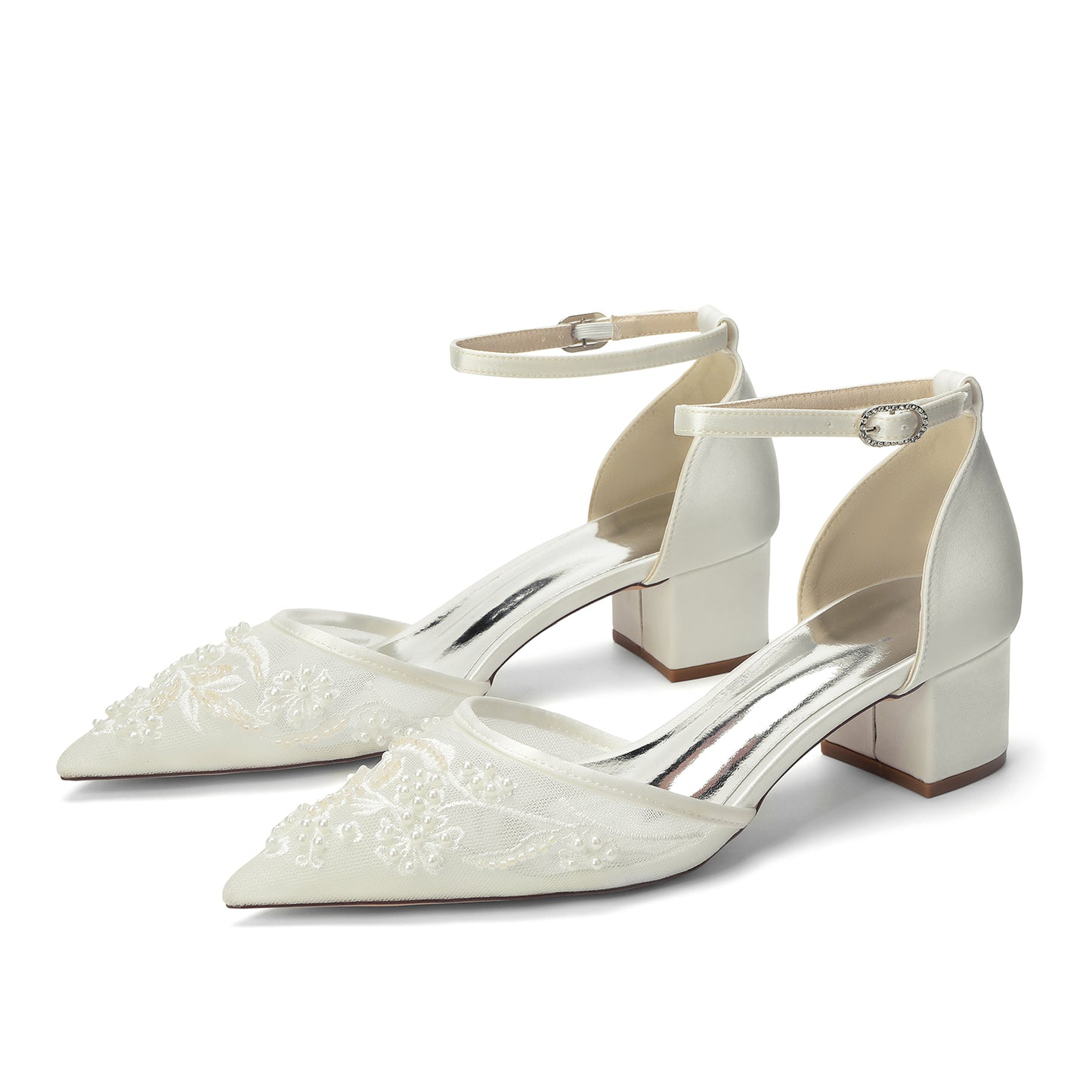 Block Heel 4.5cm Lace Silk-Like Pearl Embroidered Mesh Shoes CK0492