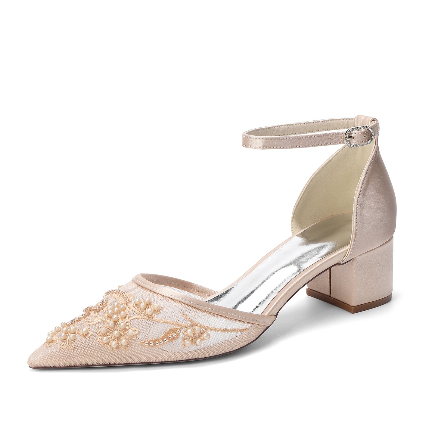 Block Heel 4.5cm Lace Silk-Like Pearl Embroidered Mesh Shoes CK0492