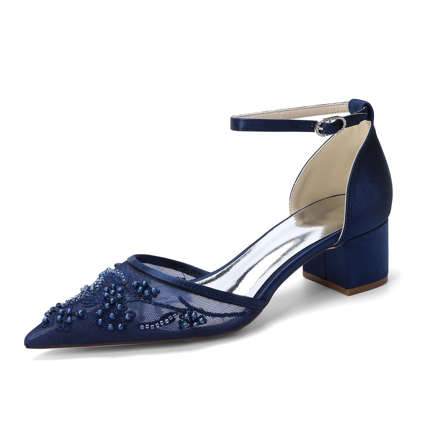 Block Heel 4.5cm Lace Silk-Like Pearl Embroidered Mesh Shoes CK0492