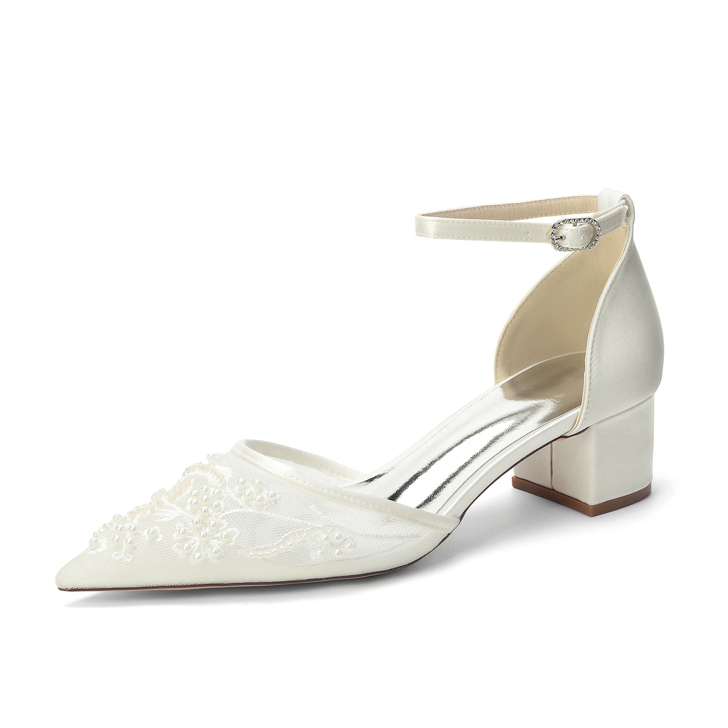 Block Heel 4.5cm Lace Silk-Like Pearl Embroidered Mesh Shoes CK0492
