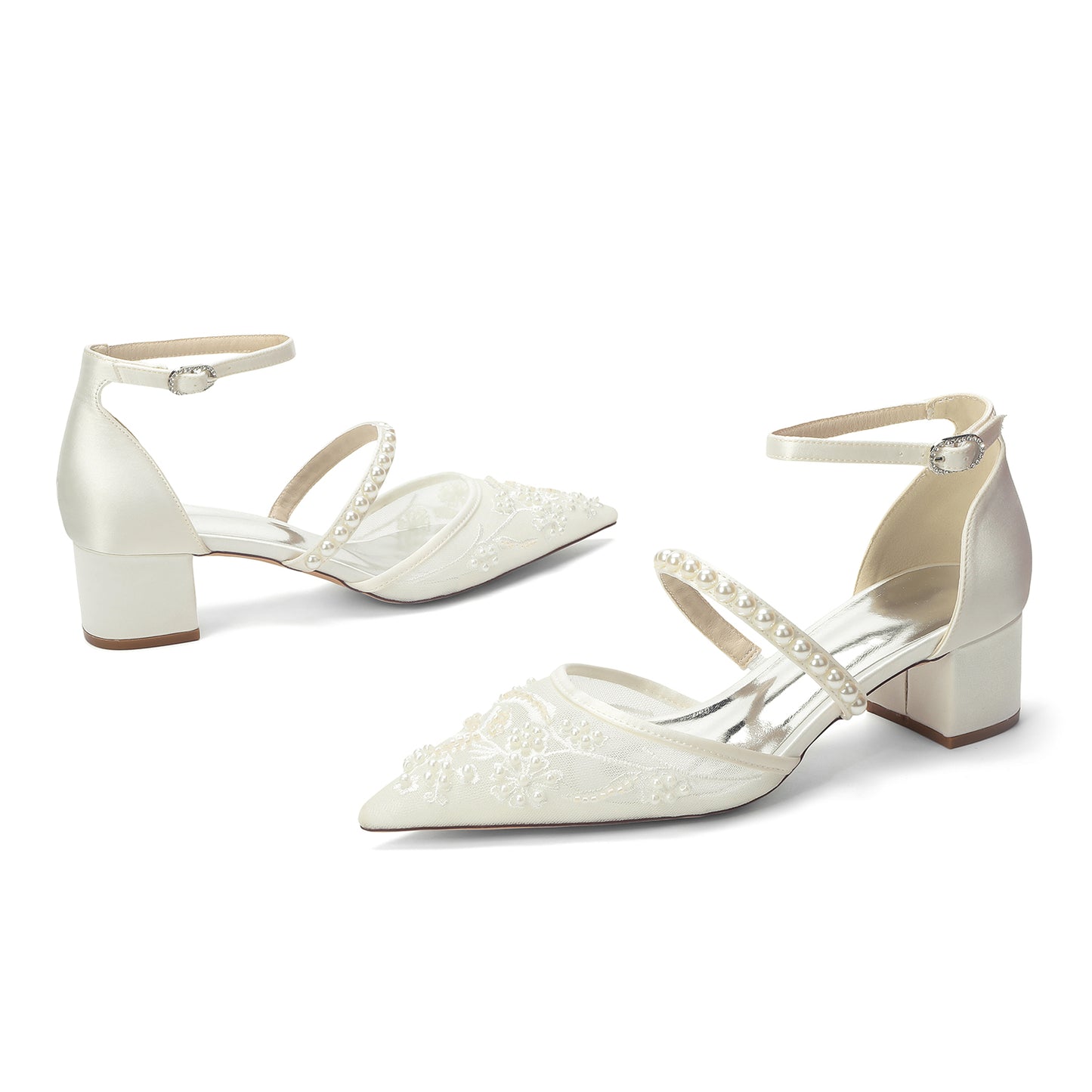 Block Heel 4.5cm Lace Silk-Like Pearl Embroidered Mesh Shoes CK0493