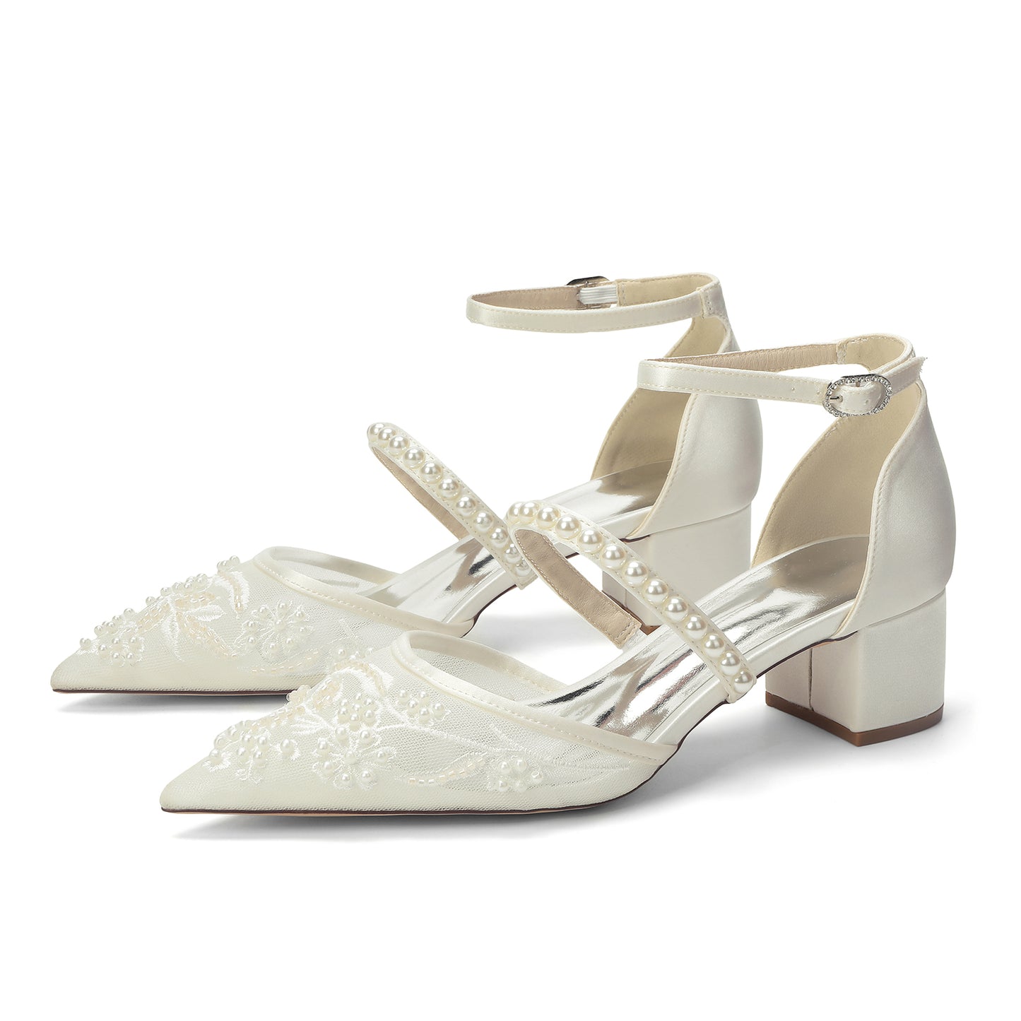 Block Heel 4.5cm Lace Silk-Like Pearl Embroidered Mesh Shoes CK0493