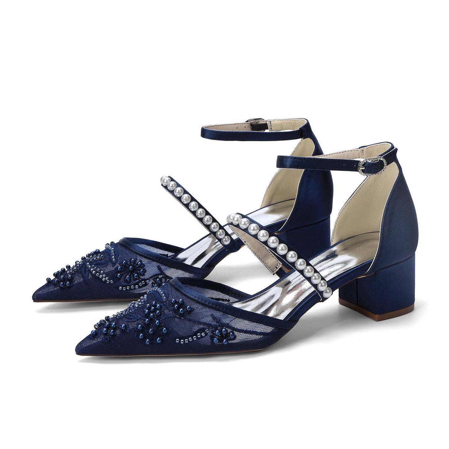 Block Heel 4.5cm Lace Silk-Like Pearl Embroidered Mesh Shoes CK0493