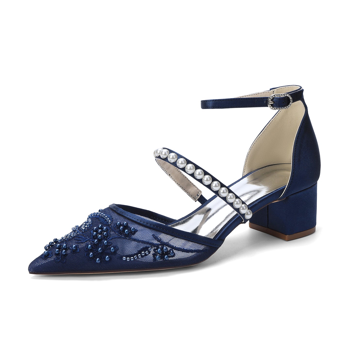 Block Heel 4.5cm Lace Silk-Like Pearl Embroidered Mesh Shoes CK0493