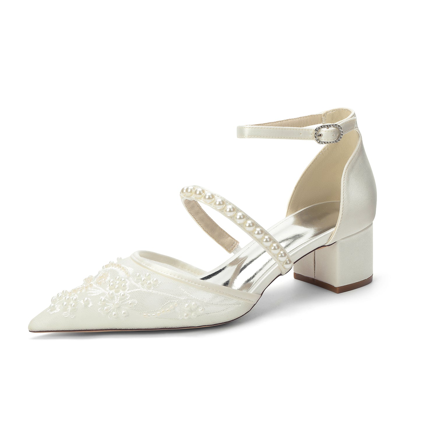 Block Heel 4.5cm Lace Silk-Like Pearl Embroidered Mesh Shoes CK0493