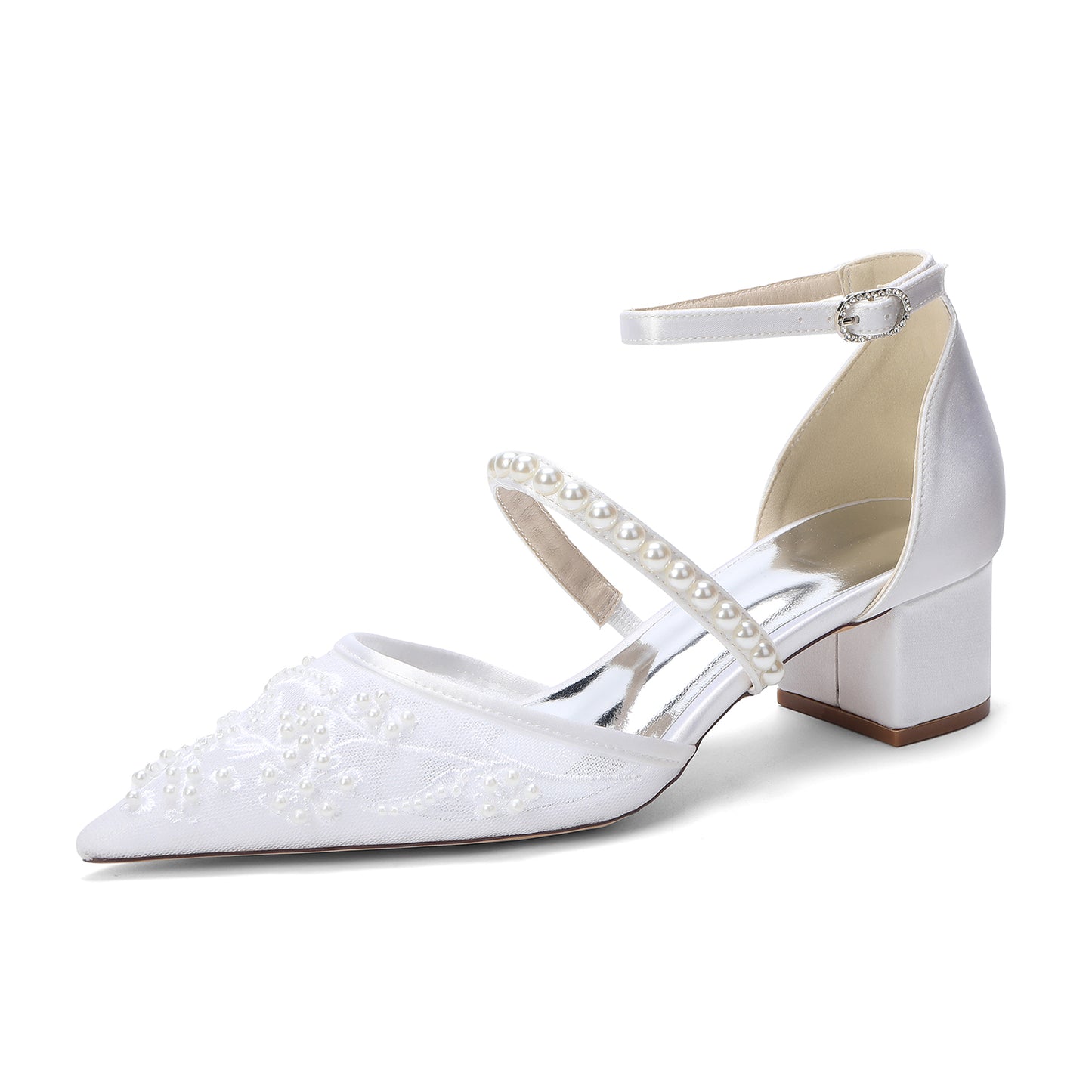 Block Heel 4.5cm Lace Silk-Like Pearl Embroidered Mesh Shoes CK0493