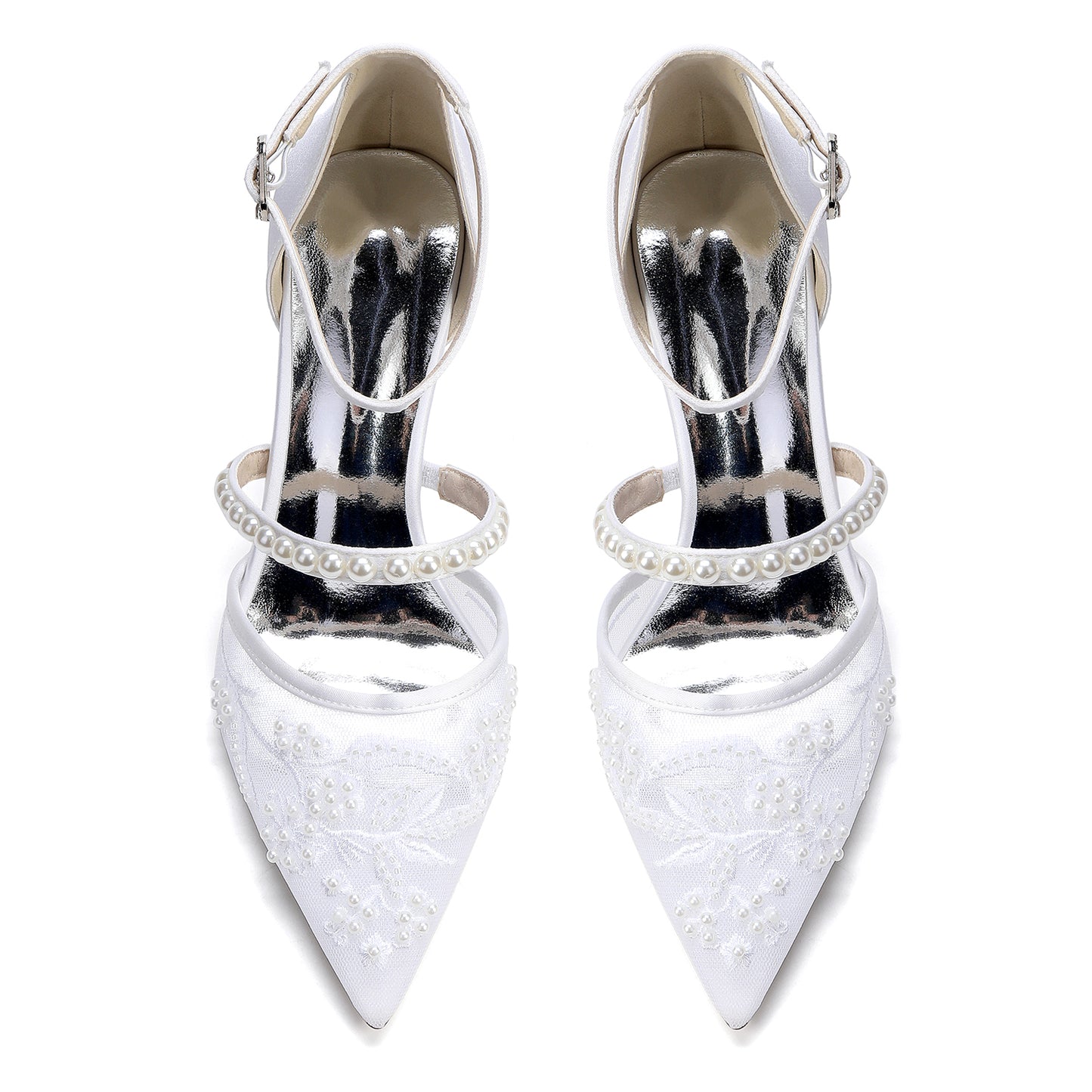 Chunky Heel 8.5cm Lace Silk-Like Pearl Embroidered Mesh Shoes CK0500