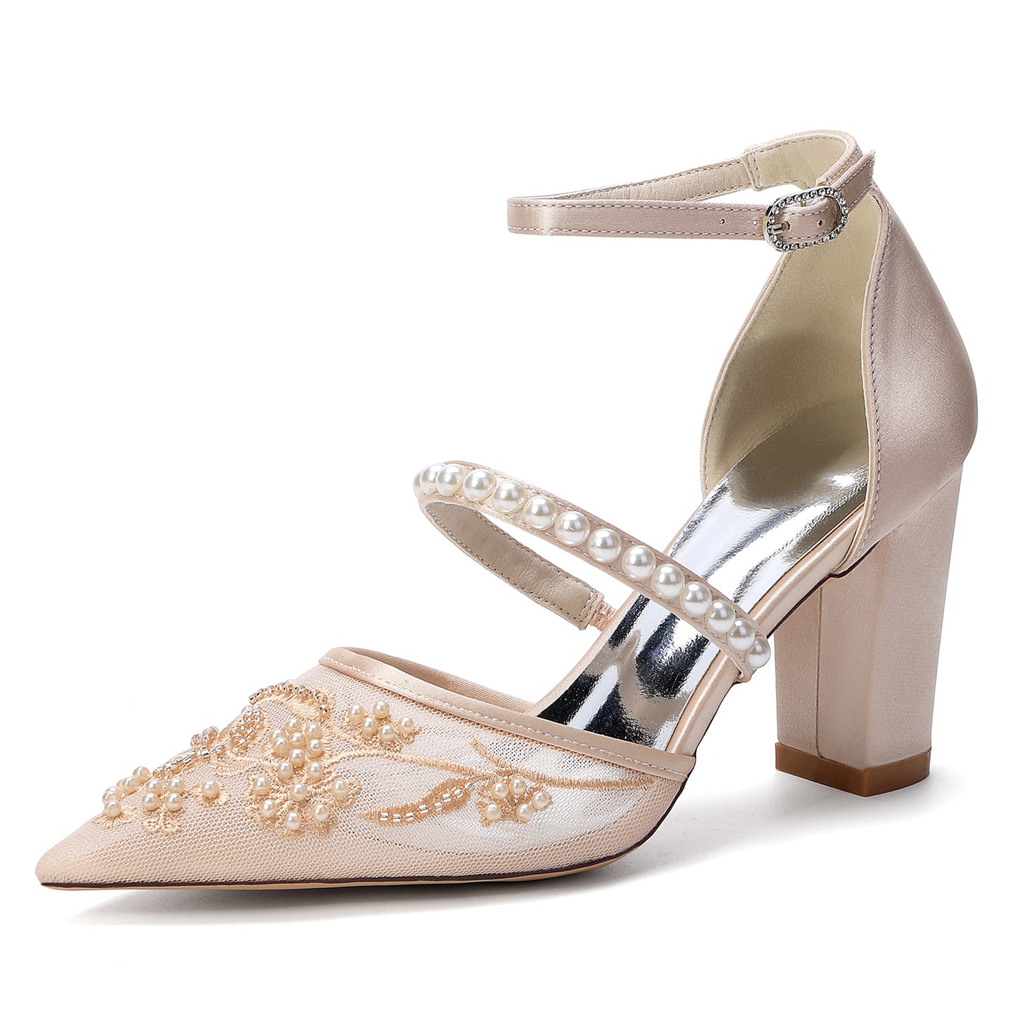 Chunky Heel 8.5cm Lace Silk-Like Pearl Embroidered Mesh Shoes CK0500