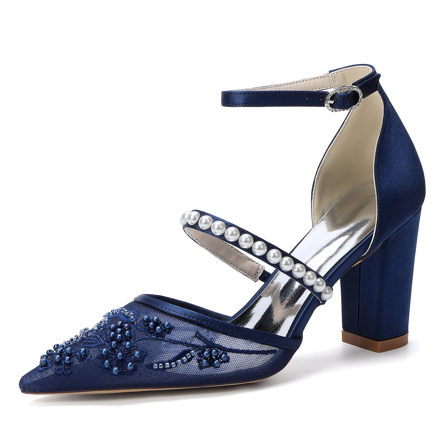 Chunky Heel 8.5cm Lace Silk-Like Pearl Embroidered Mesh Shoes CK0500
