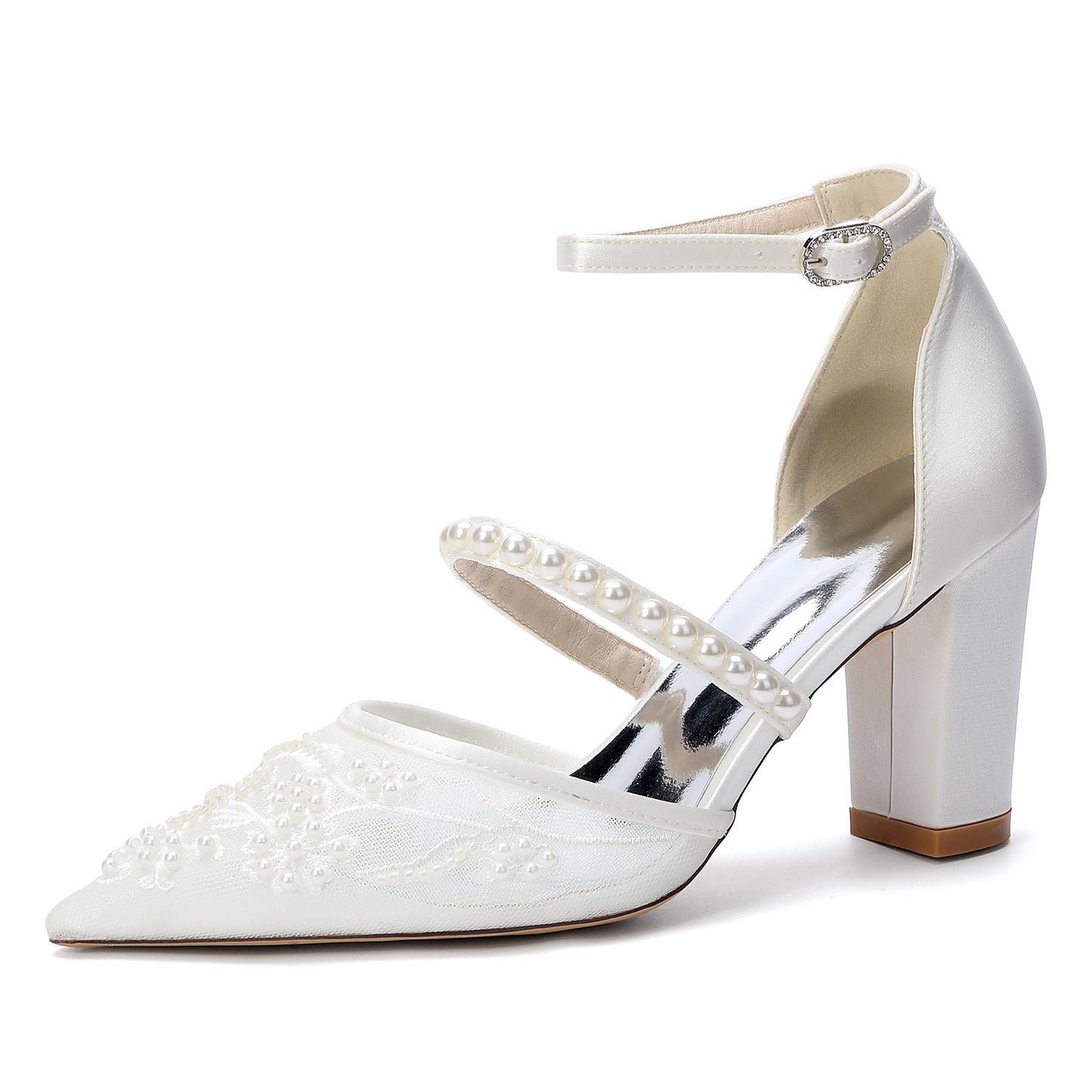 Chunky Heel 8.5cm Lace Silk-Like Pearl Embroidered Mesh Shoes CK0500