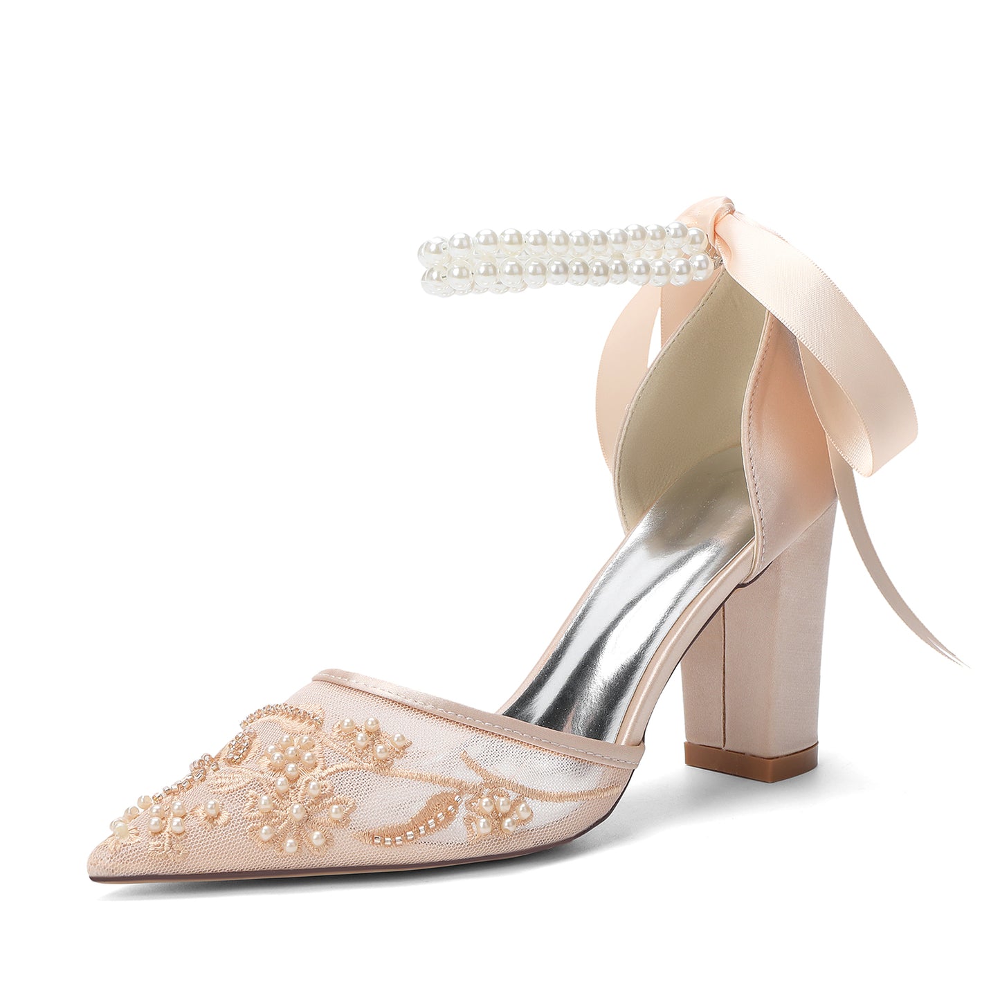 Chunky Heel 8.5cm Lace Silk-Like Pearl Embroidered Mesh Shoes CK0501