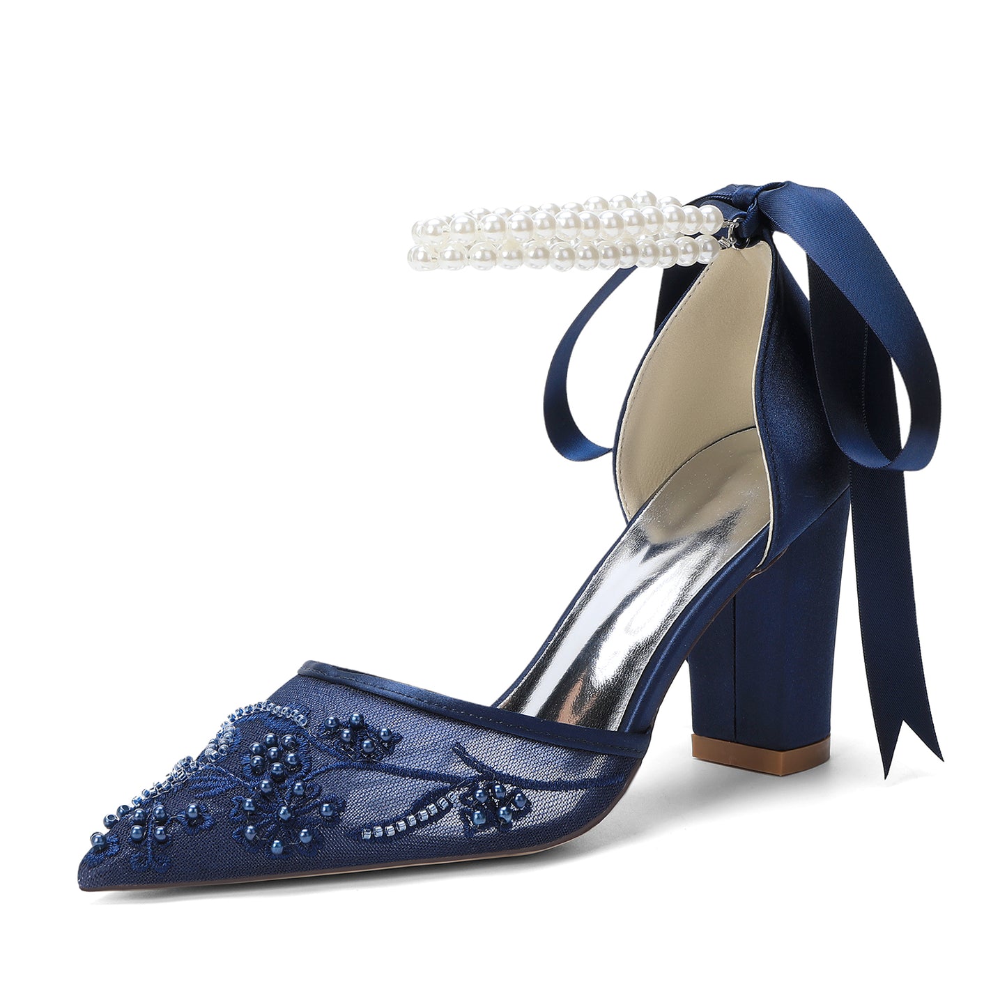 Chunky Heel 8.5cm Lace Silk-Like Pearl Embroidered Mesh Shoes CK0501