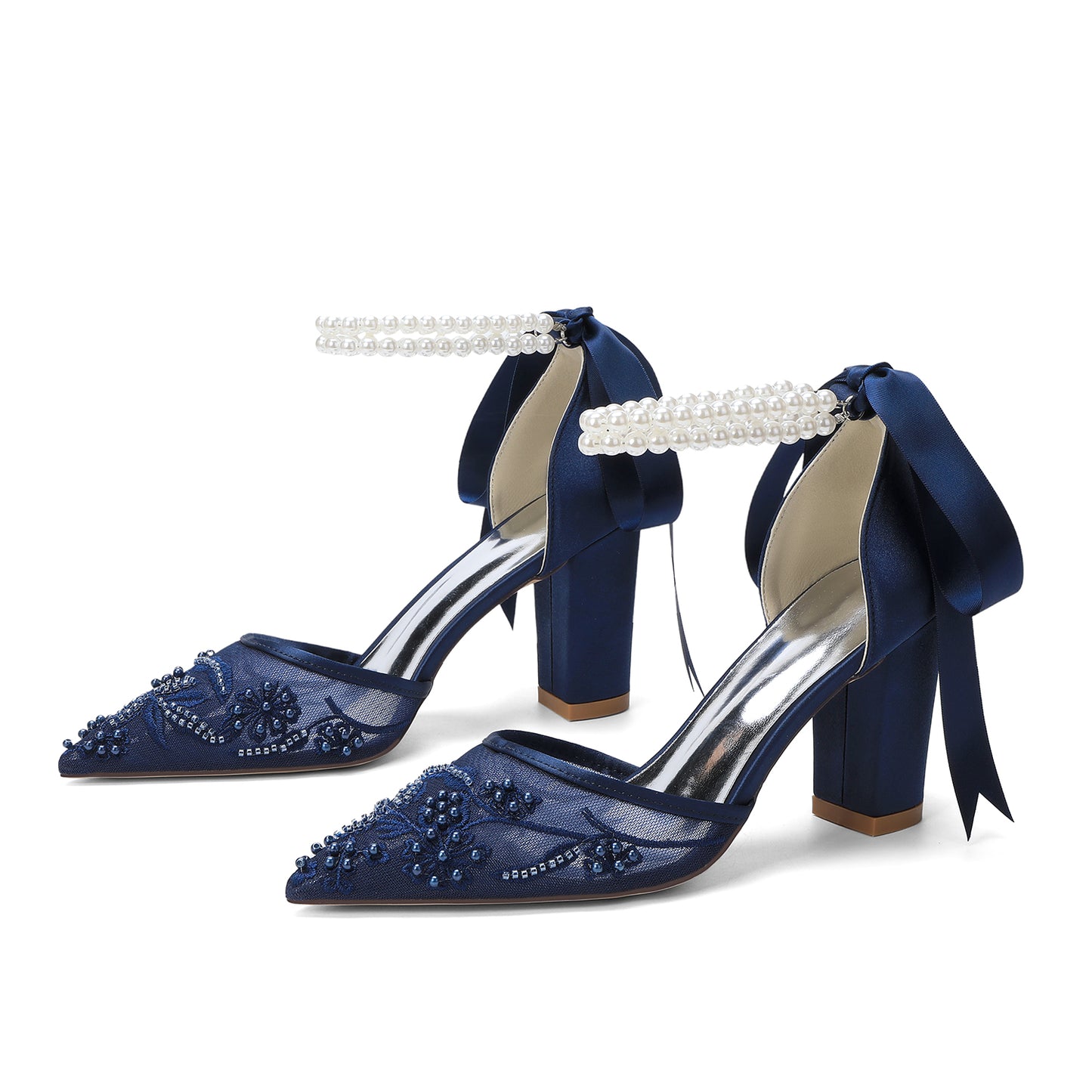 Chunky Heel 8.5cm Lace Silk-Like Pearl Embroidered Mesh Shoes CK0501