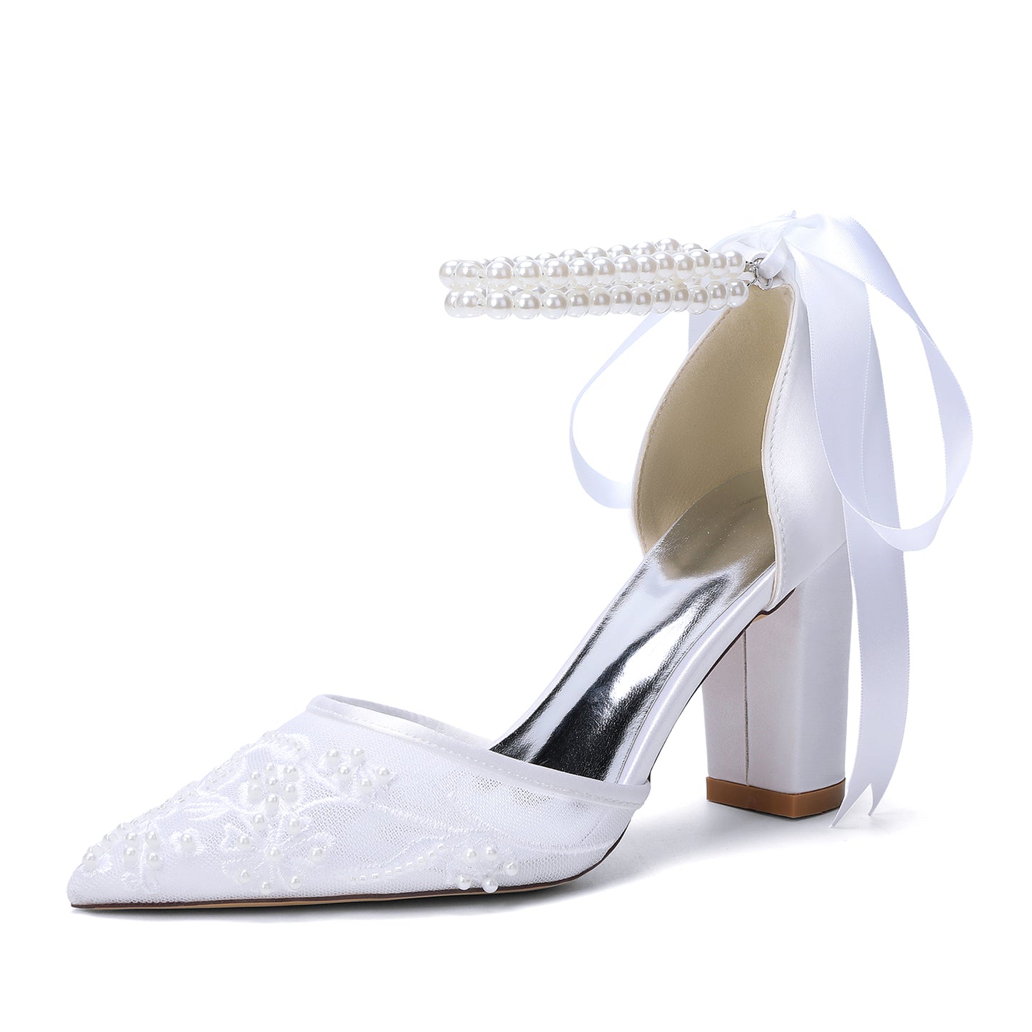 Chunky Heel 8.5cm Lace Silk-Like Pearl Embroidered Mesh Shoes CK0501