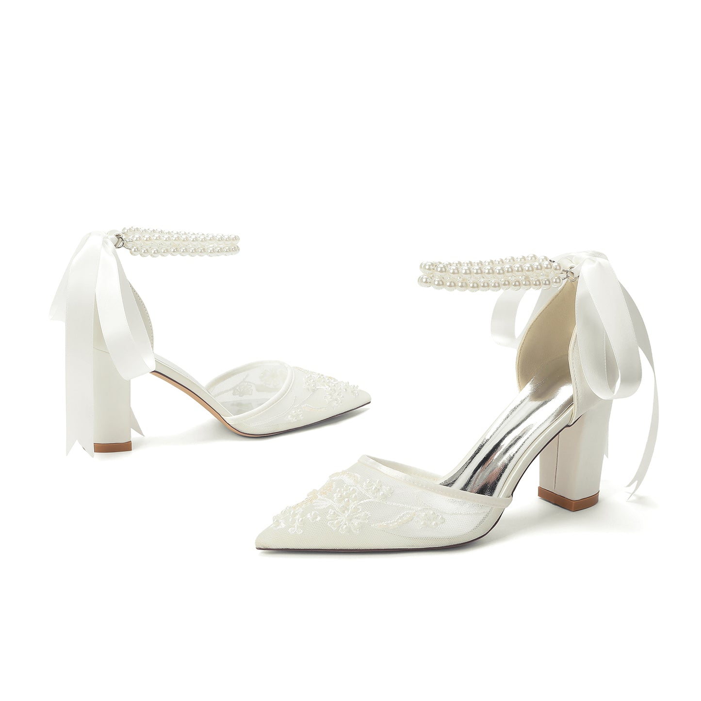 Chunky Heel 8.5cm Lace Silk-Like Pearl Embroidered Mesh Shoes CK0501