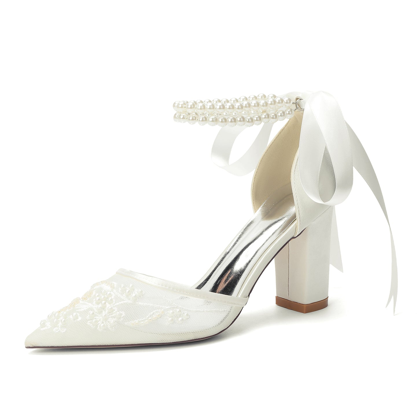 Chunky Heel 8.5cm Lace Silk-Like Pearl Embroidered Mesh Shoes CK0501
