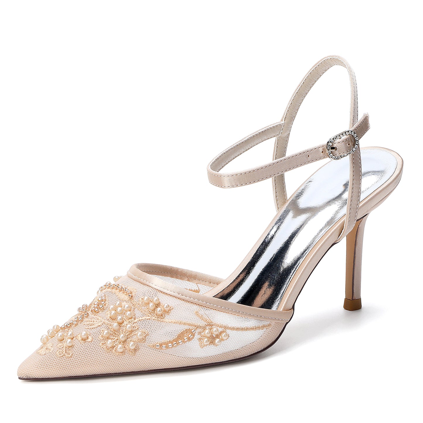 Stiletto Heel 8.5cm Lace Silk-Like Pearl Embroidered Mesh Shoes CK0502