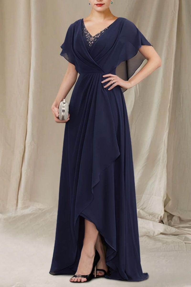A-Line High-Low Asymmetrical Chiffon Ruffles Mother of the Bride Dress Short Sleeves COCOMELODY CM0080, Dusty Purple