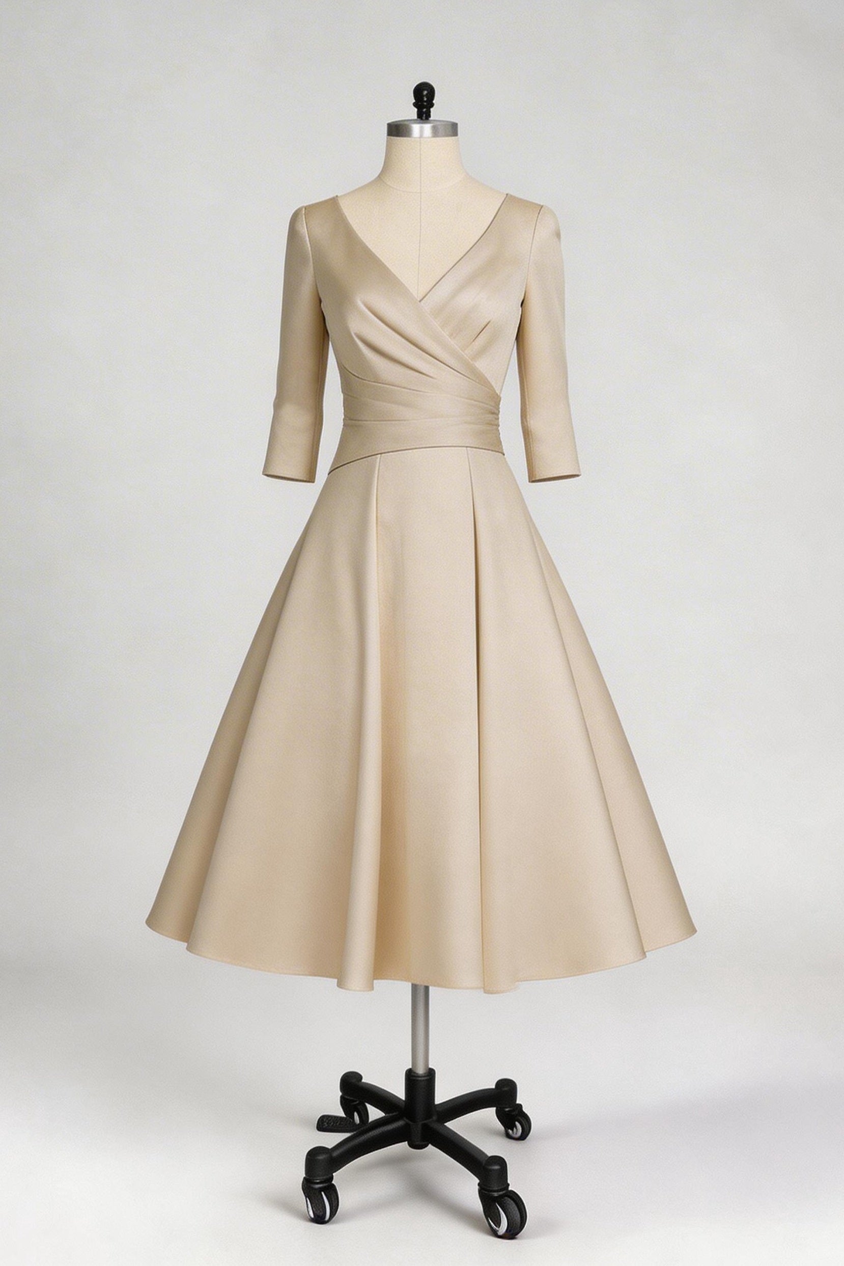 Mother of the Bride Dress A-Line Tea Length Satin V-Neck Pleated Formal Gown COCOMELODY CM0081 Mother of the Bride Dress A-Line Tea Length Satin V-Neck Pleated Formal Gown COCOMELODY CM0081