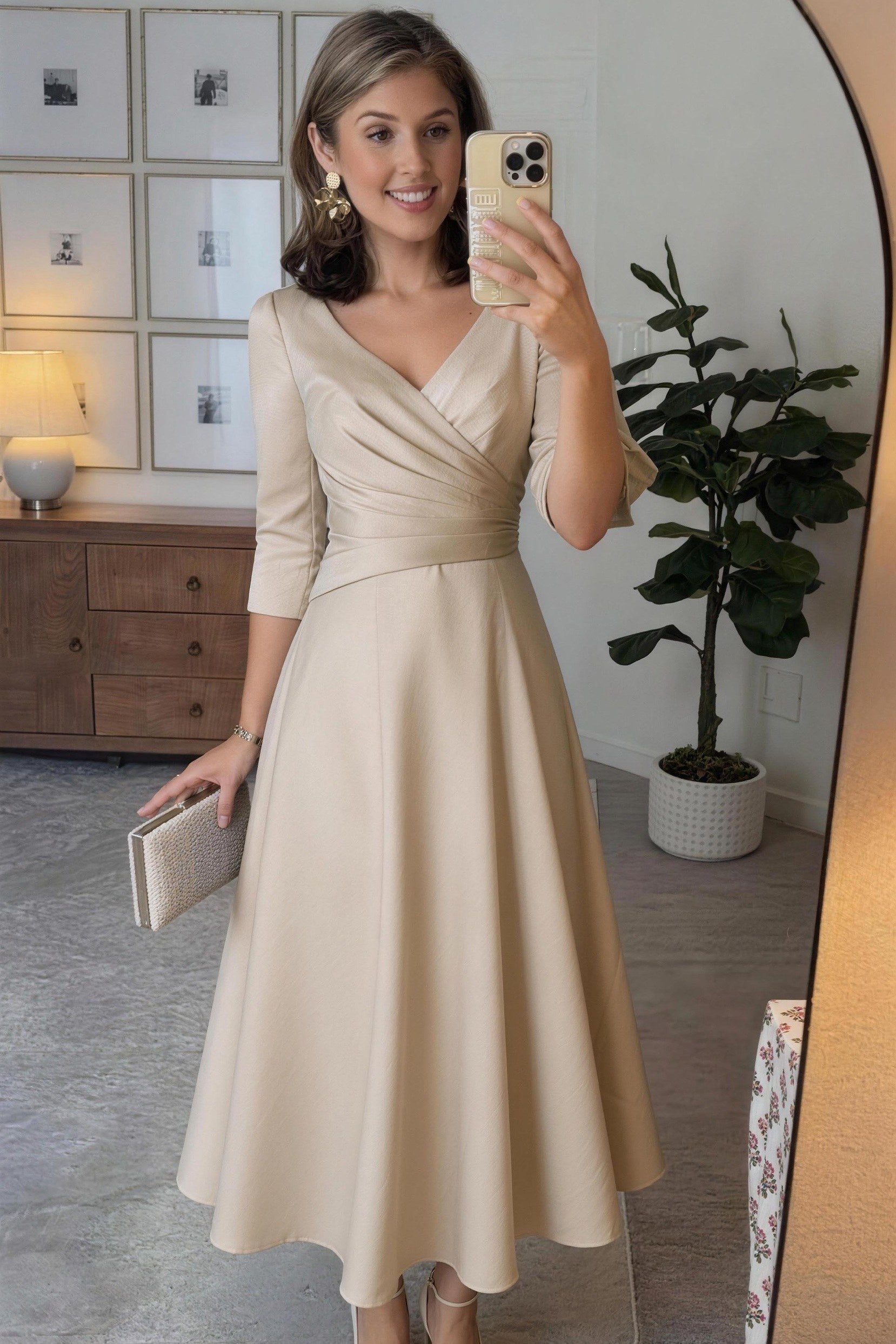 Mother of the Bride Dress A-Line Tea Length Satin V-Neck Pleated 3/4 Sleeve Formal Gown COCOMELODY CM0081 Mother of the Bride Dress A-Line Tea Length Satin V-Neck Pleated 3/4 Sleeve Formal Gown COCOMELODY CM0081