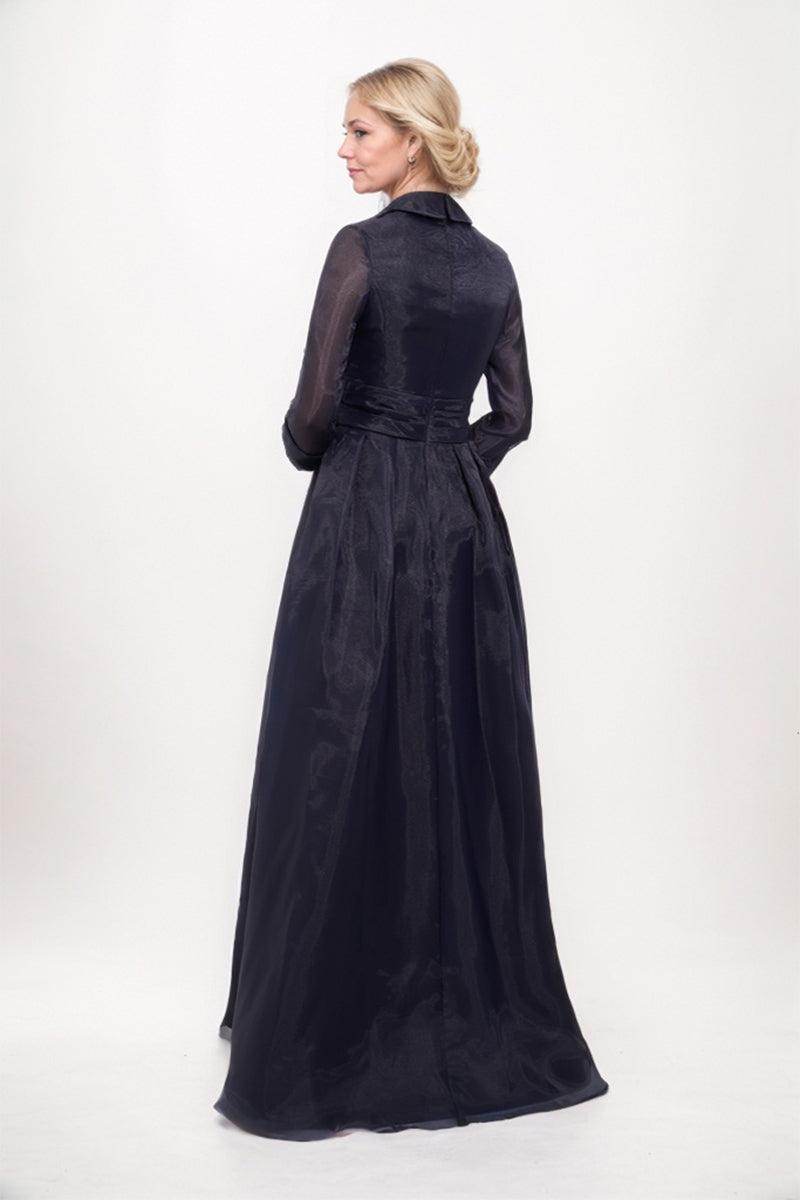 organza mother of the bride dress K248072_Majestic Guipure Lace and Organza Fit & Flare Dress with Elegant Ruffled Portrait Neckline and All Over Lace