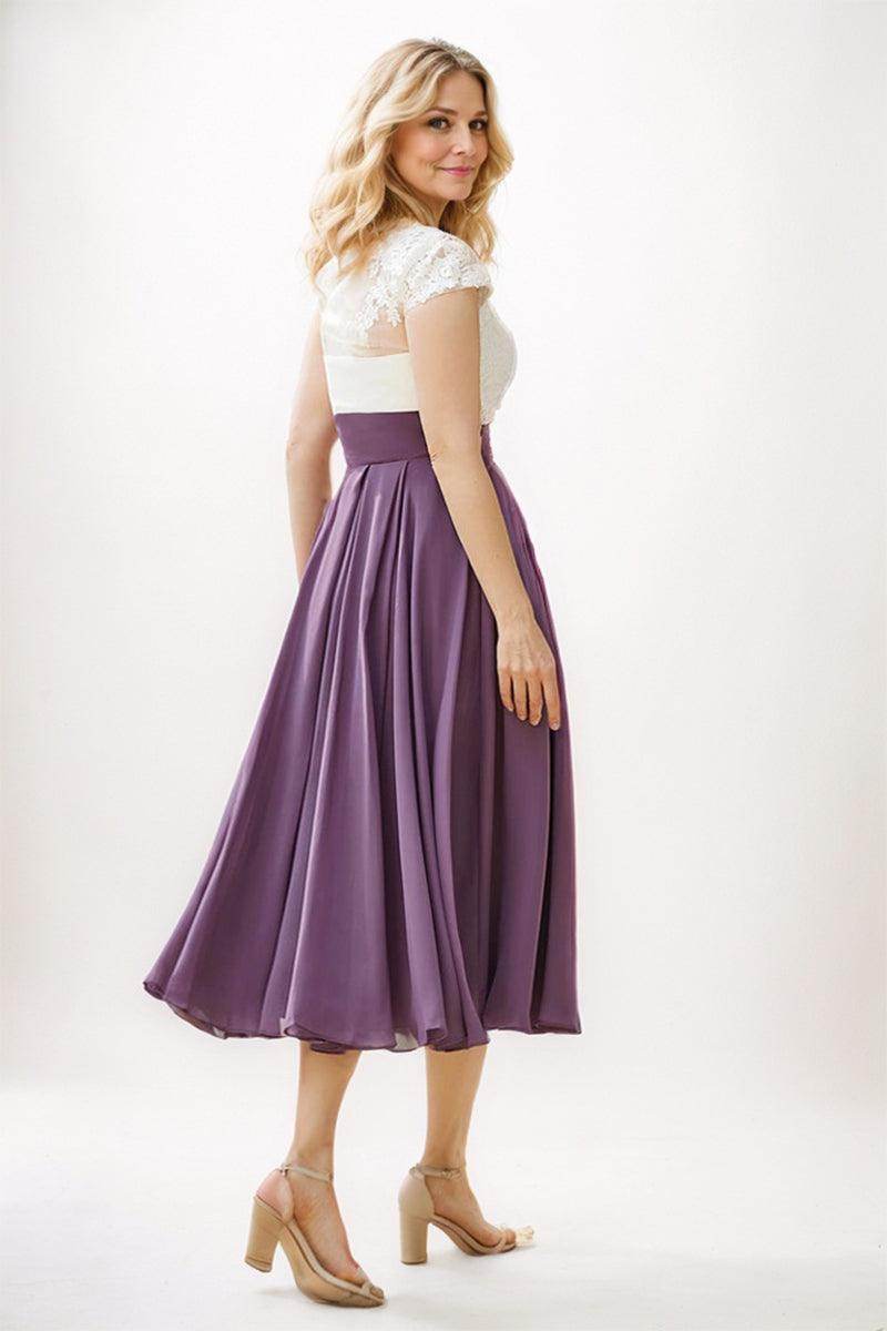 A-Line Midi Chiffon Purple Mother of The Bride Dresses COCOMELODY CM0258, White A-Line Midi Chiffon Purple Mother of The Bride Dresses COCOMELODY CM0258, White