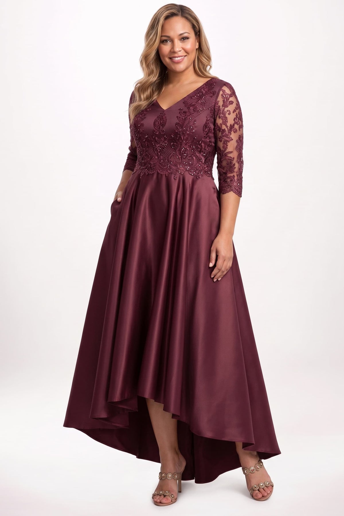 A-Line Midi Satin Mother Dress CM0263 - Burgundy - COCOMELODY