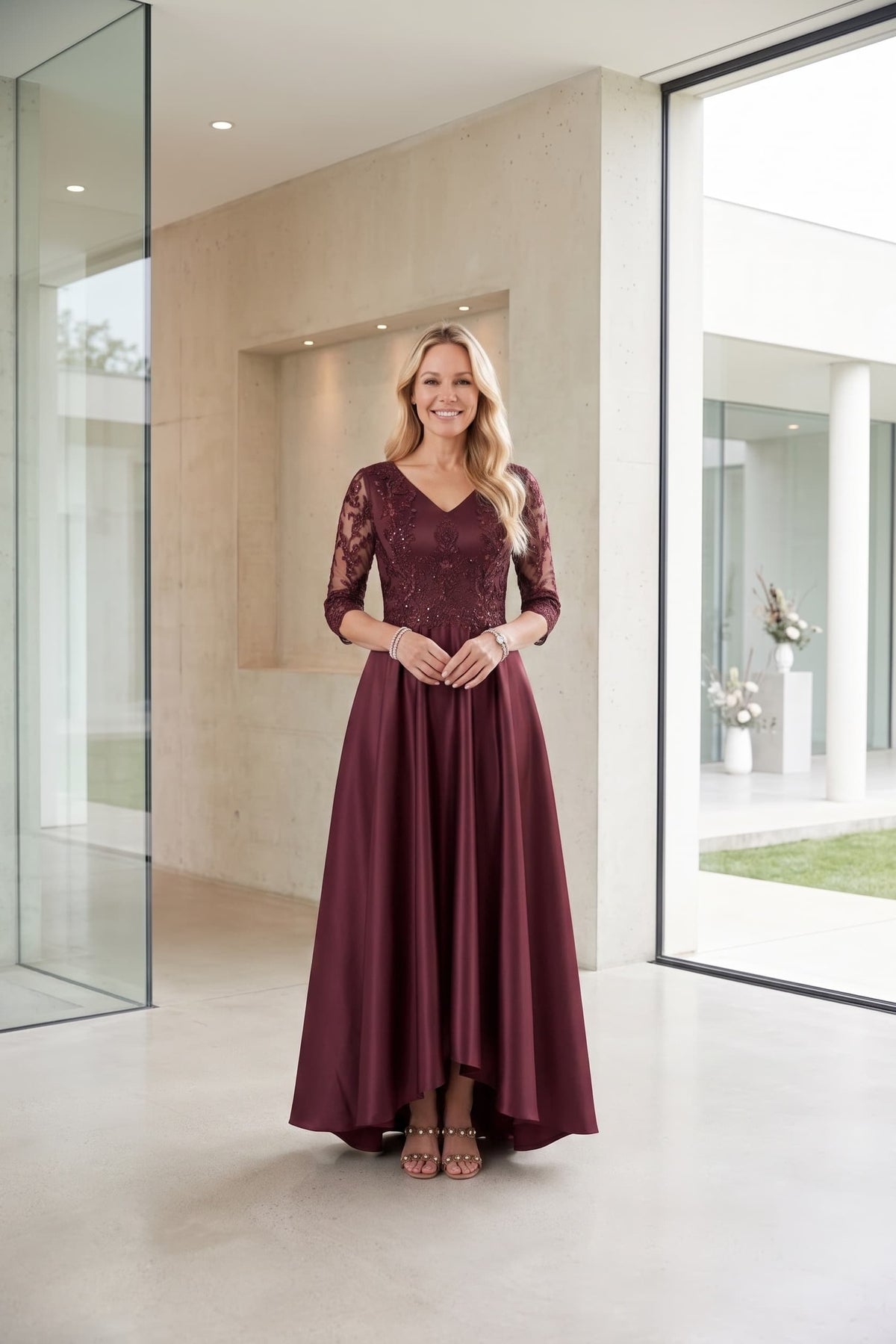 A-Line Midi Satin Mother Dress CM0263 - Burgundy - COCOMELODY